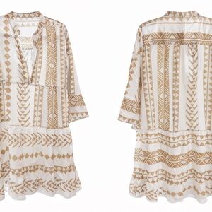 White Tunic Dress with Tan Geometric Print